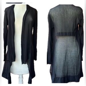 **CUT LOOSE Sheer Black Linen Mix Draped Open Front Long Cardigan.